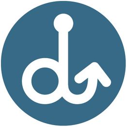 Blaues Symbol mit einem Haken, der sich nach oben biegt, in einem Kreis.