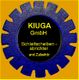 Getriebeform mit Text: "KIUGA GmbH, Schleifscheiben-Abrichter und Zubehör".
