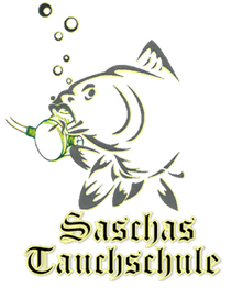 Zeichnung eines Fisches mit Blasen, darunter der Schriftzug "Saschas Tauchschule".