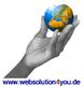 Hand hält kleine Weltkugel, darunter Webadresse "www.websolution4you.de".