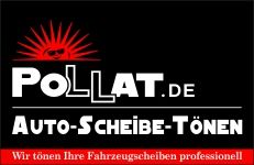 Logo von Pollat.de, Auto-Scheibe-Tönen mit rotem Sonnenmotiv, Slogan: "Wir tönen professionell."