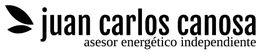Texto negro: "juan carlos canosa, asesor energético independiente" junto a un símbolo de hojas.