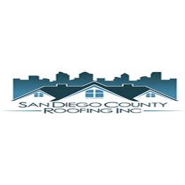 Logo of San Diego County Roofing Inc. with houses and skyline silhouette.