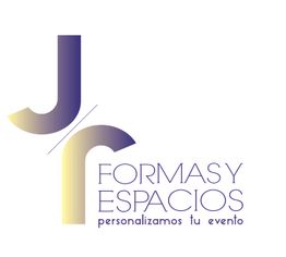 Logo con letras "J" y "R", texto "FORMAS Y ESPACIOS, personalizamos tu evento", tonos morados.