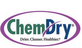 Chem-Dry logo with the slogan: "Drier. Cleaner. Healthier." in purple oval.