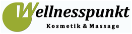 "Logo: Wellnesspunkt, Kosmetik & Massage, mit grüner Grafik und schwarzem Text auf weißem Hintergrund."