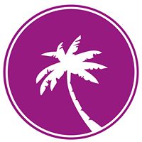 Weiße Palme auf lila Kreis-Hintergrund.