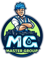 Cartoon builder logo with "MG Master Group," cityscape background, arms crossed.