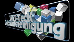 Text "Wi-Teck Gebäudereinigung" mit bunten Würfeln im Hintergrund, schwarzer Hintergrund.