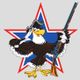 Eagle in a tricorn hat saluting and holding a musket, with a red and blue star background.