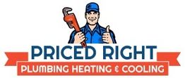 Cartoon plumber with wrench and thumbs-up above "Priced Right Plumbing Heating & Cooling" logo.
