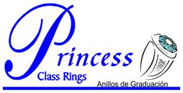 Logo de "Princess Class Rings", anillos de graduación, con un anillo verde ilustrado a la derecha.
