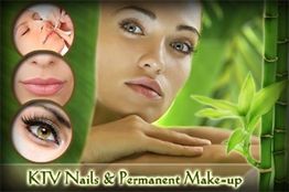Frau mit Make-up, grünen Pflanzen; Detailbilder von Augen, Lippen, Gesicht. Text: "KTV Nails & Permanent Make-up".