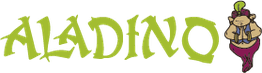 Texto "Aladino" en verde con un dibujo de un genio.