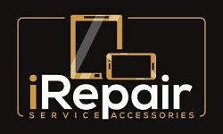 iRepair logo with phone and tablet icons on a black background.