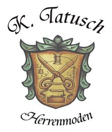 Wappen mit Schere, Nadel und Faden, Text: K. Tatusch Herrenmoden.