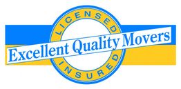 "Excellent Quality Movers logo with 'Licensed' and 'Insured' text on a blue and yellow background."