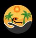 Sunset beach scene with palm trees, sun lounger, umbrella, and sun in abstract circular design.