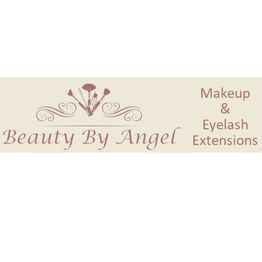 Logo de "Beauty By Angel" con brochas y texto de maquillaje y extensiones de pestañas.