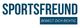 Logo mit Text "SPORTSFREUND" und Slogan "BEWEGT DICH RICHTIG" in blauer Schrift auf weißem Hintergrund.