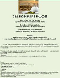 Folheto promocional da O & L Engenharia e Soluções, com contatos e descrição dos serviços oferecidos.