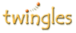 Der Schriftzug "twingles" in gelber Schrift mit zwei orange Punkten über dem "i".