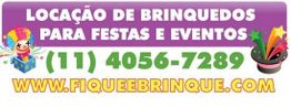 Banner com texto "Locação de Brinquedos", telefone e site. Estrelas e palhaço em caixa de surpresas.