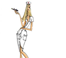 Illustration einer stilisierten Krankenschwester mit Spritze und langen blonden Haaren.