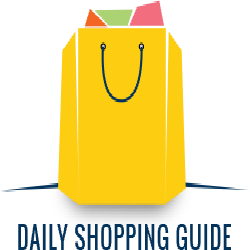 Yellow shopping bag with colorful tissue paper. Text reads: "Daily Shopping Guide."