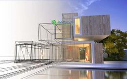 Modernes Haus im Bau, teils als 3D-Modell dargestellt, mit beleuchtetem Innenraum.