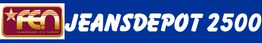 Logo von "Jeansdepot 2500" auf blauem Hintergrund, mit Symbol und Text.