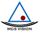Logo mit blauem Dreieck, rotem Punkt und schwarzem Bogen, Text: "MGS VISION".