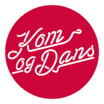 Rødt rundt logo med teksten "Kom og Dans" i hvid skrift.