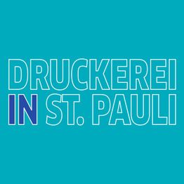 Text „Druckerei in St. Pauli“ auf blauem Hintergrund.