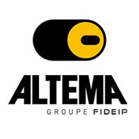 Logo d'ALTEMA avec un symbole jaune et noir et le texte "Groupe Fideip".