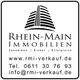 Logo von Rhein-Main Immobilien mit Kontaktinformationen und einem stilisierten Gebäude darüber.
