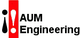 Logo von AUM Engineering mit einem roten Ausrufezeichen in einem vertikalen Balken links.