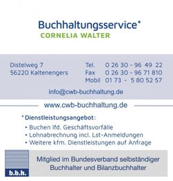 Geschäftsinfo von Buchhaltungsservice Cornelia Walter, Kontakt, Website und Leistungsangebot.