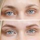 Close-up of blue eyes with thin eyebrows shown before and after thickening.