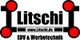 Logo von Litschi EDV & Werbetechnik, mit roten Kreisen und schwarzem Text.