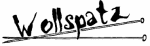 Wort "Wollspatz" stilisiert mit zwei Stricknadeln darunter.