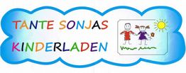 Buntes Logo mit der Aufschrift "Tante Sonjas Kinderladen" und kindlicher Zeichnung von zwei Kindern.
