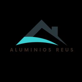 Logo de Aluminios Reus con diseño de techo en negro y azul sobre fondo negro.