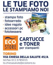 Pubblicità per stampa foto e cartucce a Torino, con contatti e indirizzo Via Chiesa della Salute.