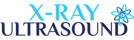 Testo "X-Ray Ultrasound" con simbolo di atomo blu a destra, su sfondo bianco.