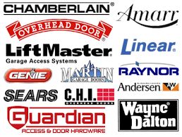 Logos of garage door brands: Chamberlain, LiftMaster, Genie, Guardian, Amarr, and more.