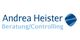 Logo mit Text: "Andrea Heister, Beratung/Controlling" und einem blauen, abstrakten Symbol.