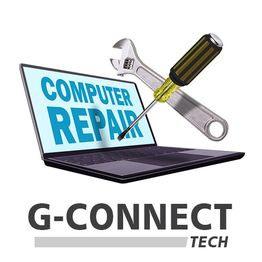 Laptop with repair tools, text "COMPUTER REPAIR," and "G-CONNECT TECH" logo below it.