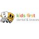 Tooth cartoon driving a school bus with "kids first dental & braces" text in colorful letters.