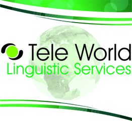Logo de Tele World Linguistic Services con un diseño verde y un mapa del mundo de fondo.